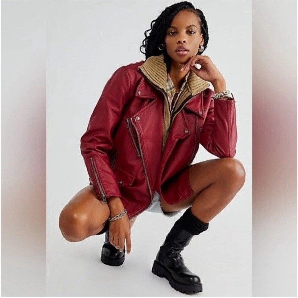 Free People We The Free Jealousy Red Vegan Leather Moto Jacket Biker Size XL